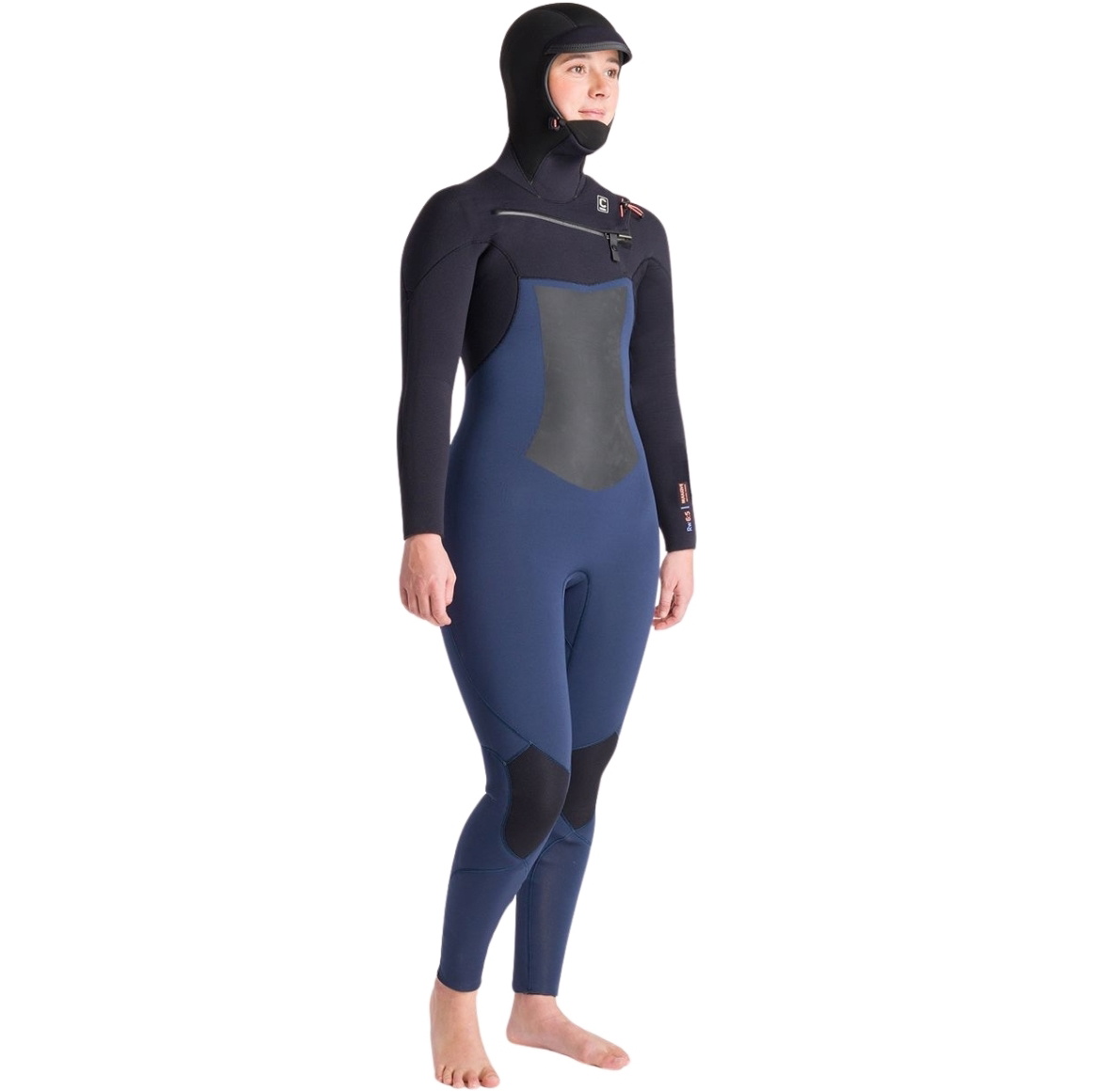 2025 C-Skins Womens NuWave ReWired 6/5mm Chest Zip Hooded Wetsuit C-NRW65WH - Bluestone / Black x / Coral
